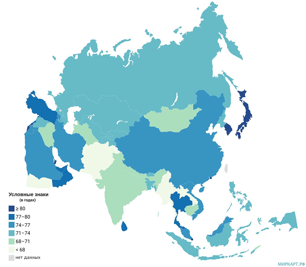 Карта продолжительности жизни в Азии